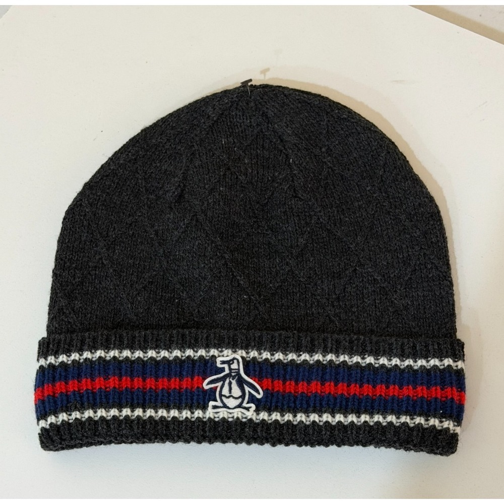 Penguin Men's Winter Knit Cuffed Beanie Hats Gray-Red Excellent One Size